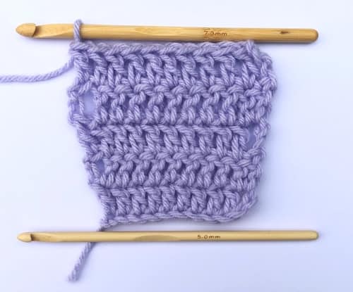 A swatch made in two different hook sizes gets wider at the top